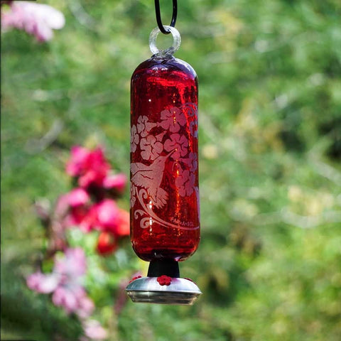 Filigree Red Hummingbird Design Recycled Glass Hummingbird Feeder